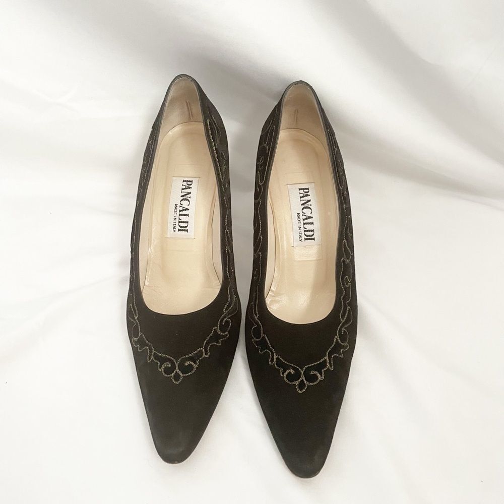 Pancaldi Black Suede Embroidered Heels 7.5” - Picture 3 of 9